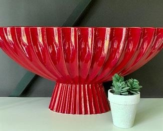 Item 70:  Global Views Ribbed Fire Engine Red Center Piece Bowl (Made in Portugal) ceramic vase & faux plant, Vase - 23" x 10": $75