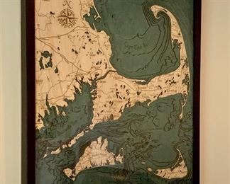 Item 127:  Natural wood artwork depicting Cape Cod - 25" x 31.5": $225