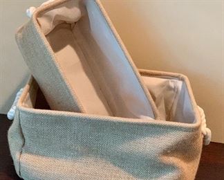 Baskets, burlap covered, white handles: $16