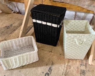Lot of three baskets- one black hamper, one with handles and a cubby: $20