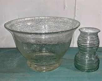 Seeded glass bowl and Glass swirl vase: $25