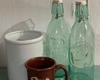 Mug, White Crock and 3 aqua milk bottles (we have another in the kitchen!) $20