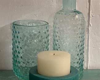 Item 214:  West Elm candle and pretty aqua vases: $25                                                                                                                     Small vase - 5" x 8"                                                                                                  Large vase - 12.5"                                                                                                                      Candle holder - 6" x 3"