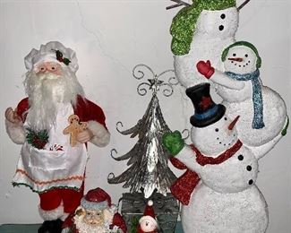 Lot of Xmas items with santas, snowmen and silver xmas tree: $15