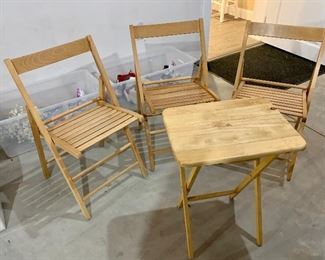 Item 211:  (3) Folding chairs & table: $28                                                        Chairs - 15.25" x 16" x 32"                                                                                Table - 18.5" x 4" x 25"