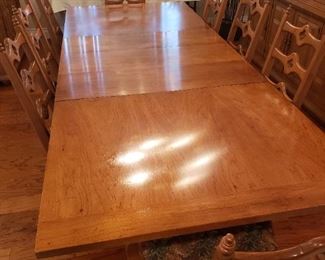 WOW- Solid Pecan Wood Dining Set- with 8 Chairs. This table can be 6ft long or 10 feet long with 3 leaves. Will seat 12 easily at full length. Amazing table and chairs.