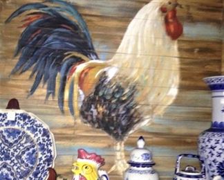 Very large rooster painted on wood - what a statement!