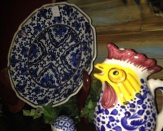 Darling rooster pitcher; blue & white plate