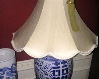 One of two  jar lamps with blue and white "double happiness" design --- complete with tassel 