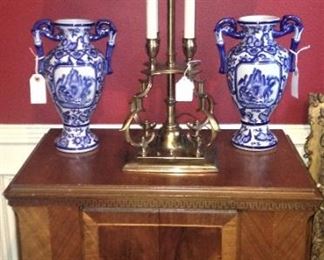 Antique cabinet; great lamp and vases