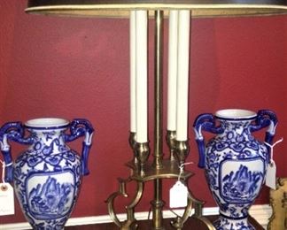 Classic brass lamp with black shade; matching blue & white vases