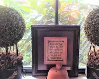 2 small topiaries; framed Bible verse - Psalm 118: 24