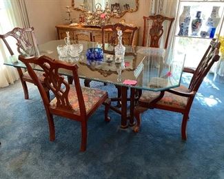 Gorgeous Glass top Dining table with 8 Chippendale Mahogany chairs