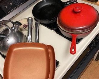 Copper pans, cast iron pans