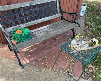 Outdoor bench, metal end table