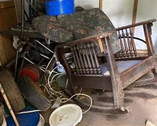 Antique rocker, misc tires, plastic concrete filled weight set