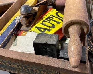 Wood crate, wood rolling pin, planes, vintage plastic S&P shakers