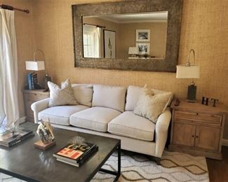 Light oatmeal sofa $798  ~  Bronze RH coffee table  $799  ~  Eden Nitestands $580 pair  ~  Rug 8 x 10  $420 ~  Driftwood lamps $180 pair  ~  Large wood wall mirror $280 