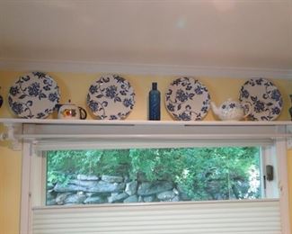 Blue and white dishes bottles