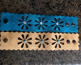 VERY SOFT LEATHER BUT STURDY BRACELETS WITH TURQUOISE AND CRYSTAL RIVETS. $36 each 