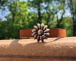 only $32,SUNFLOWER ON LEATHER WITH STRONG MAGNETIC CLASP.  CAN BE MADE 6-8'.  