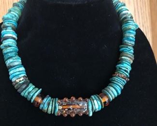 REAL TURQUISE WITH HANDMADE LAMPWORK AMBER  COLORED GLASS BEADS $195