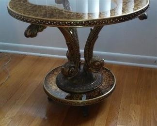 Grand Gilt Carved Wood Tri Form Daulphin Supported Round Cocktail Table or Lamp Table, asking $600. obo. Now $500.