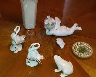 Some of MANY LENOX fine china items Vase and Princely Frog, available for sale in this Estate Sale.  
SOLD - The Angel Baby w Broken Wing.
Still available Two Fine Porcelain Italian Swan Figurines,  Asking $100. for the pair.