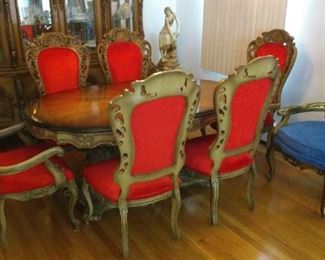 Cellini Furniture Company Complete Dining Room Furniture Suite: Table, Two 2 Leaves, 6 Red Upholstery Dining Chairs, and Large Elegant Carved Wood and Lighted China Cabinet Loaded w Elegance! $2,200.