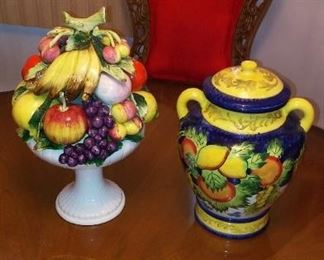 Left - Italian Capodimonte Style Ceramic Fruit Compote. $40.
Right - Fine Italian Majolica Style Nonni's Biscotti Jar, or Cookie Jar, with Lid; $30. obo.  Where is Cookie Jar Collector Andy Warhol when you need him most?