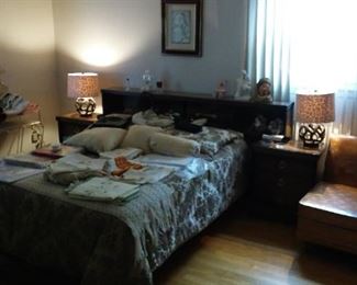 Authentic American MCM Headboard, Bedding, (i.e. mattress and boxspring), $200.  and Two Night Stands / Lamp Tables Both for $200.