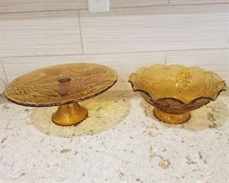 Amber Glass Cake Plate and Bowl 