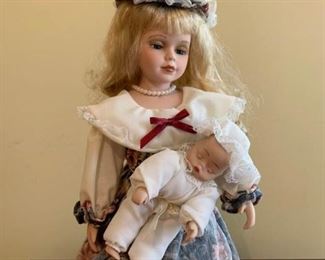 Blonde Porcelain Doll with Baby 