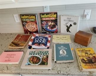 Cookbooks and Wood Recipe Box 