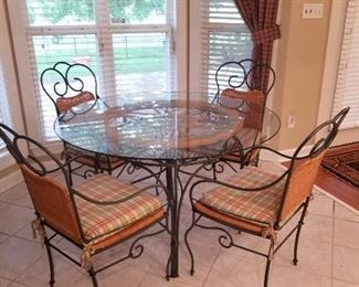 Wrought Iron Wicker Glass Table and Chairs 