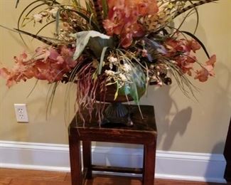 Stool / Bench and decorative metal container with flower/ feather arrangement
