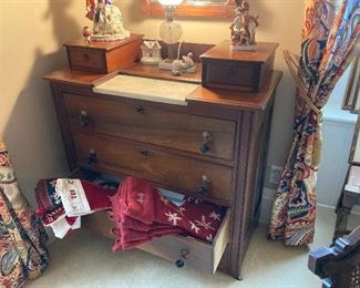 Eastlake style chest, 3 drawer, gentleman’s chest, marble inset, matching mirror 