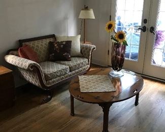 Duncan Phyfe love seat 
Vintage Butlers coffee table