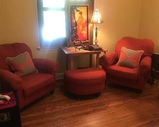 Pair of upholstered chairs and ottoman. Really comfy