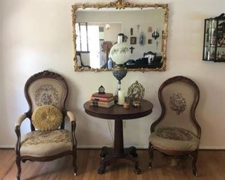 Victorian parlor chairs & large gilded mantel mirror