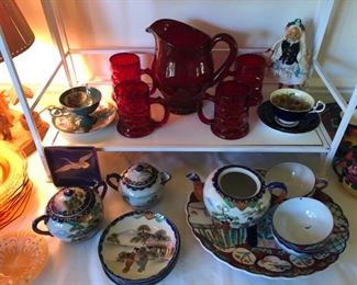 Anchor Hocking Honeycomb pitcher & mugs, Japanese tea set