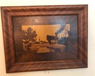 Framed wood inlay landscape