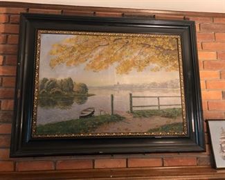 Large oil lake scene in original frame, signed