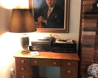 Great size - student's desk and oil portrait by John Z. Gelsavage dated 1983