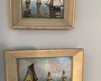 Framed sailboat paintings, original artwork signed Stan Walker 1952