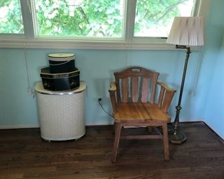 Captains chair from J.L. Hudsons, hatboxes and vintage hamper
