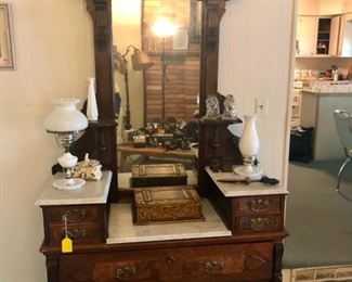 Gorgeous Victorian mirrored dresser with marble top, display shelves and 4 drawers