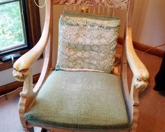 Antique Solid Wood Rocking Chair With Carved Griffin Armrests And Back, 37" x 24" x 34"