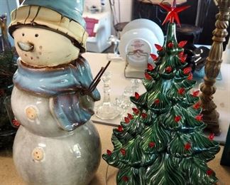19" Ceramic Lighted Christmas Tree And 20" Ceramic Snowman