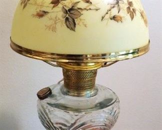 22" Glass Hurricane Lamp With Painted Porcelain Shade And R.S. Hand Painted Prussian Porcelain Vanity Box